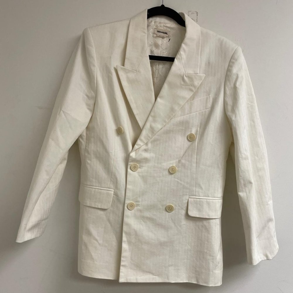 Cream Cotton Soft Metallic Sheen Pinstripe Blazer